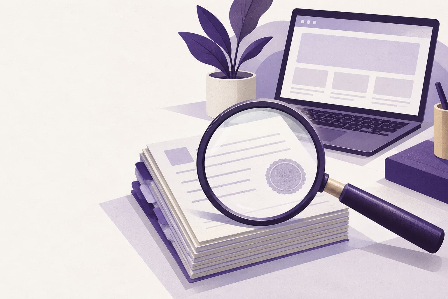 Illustration of a magnifying glass examining an official register with a seal, beside a laptop showing a broker website.